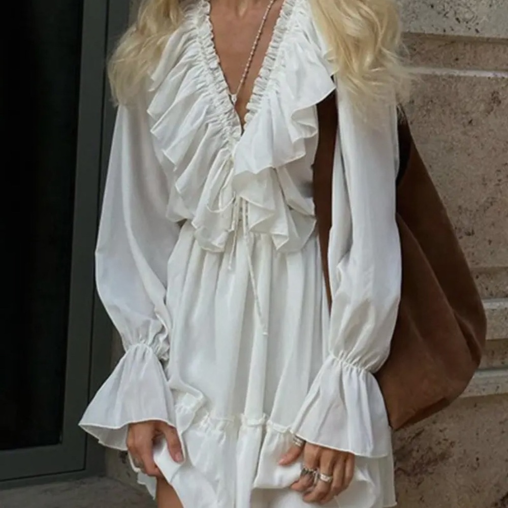 White Ruffled Smocked Sundress with Bishop Sleeves
